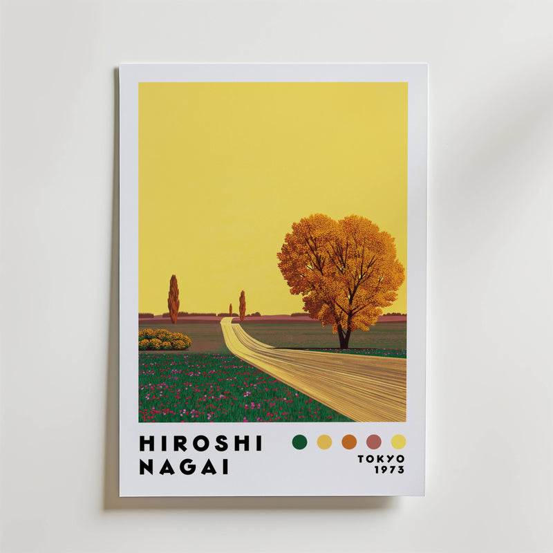 Bozetto Hiroshi Nagai Golden Road Poster visar en minimalistisk naturscen med ett gyllene träd vid en gul väg under en klar himmel, texten "Hiroshi Nagai, Tokyo 1973" och färgprover nedanför - en iögonfallande höstposter.