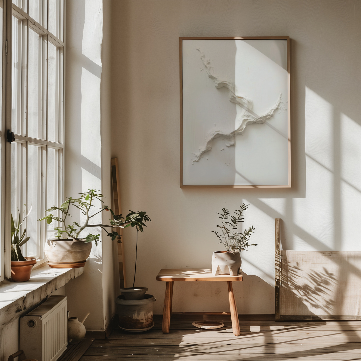 Mockup av Abstract White Movement affisch på vägg – köp enkelt hos Bozetto i hög kvalitet