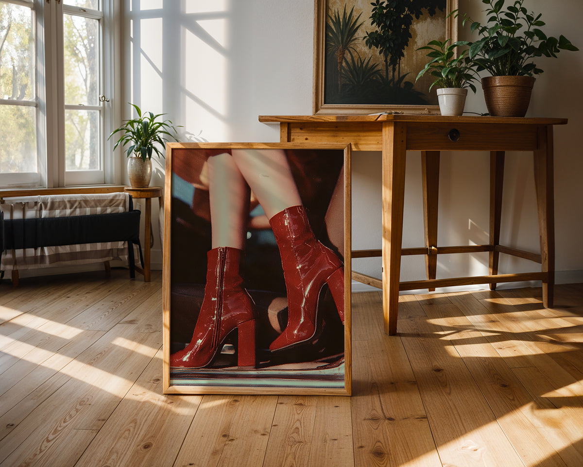 Väggmockup av Crimson Heels affisch på ljus tegelvägg – Bozetto konsttryck i hög tryckkvalitet