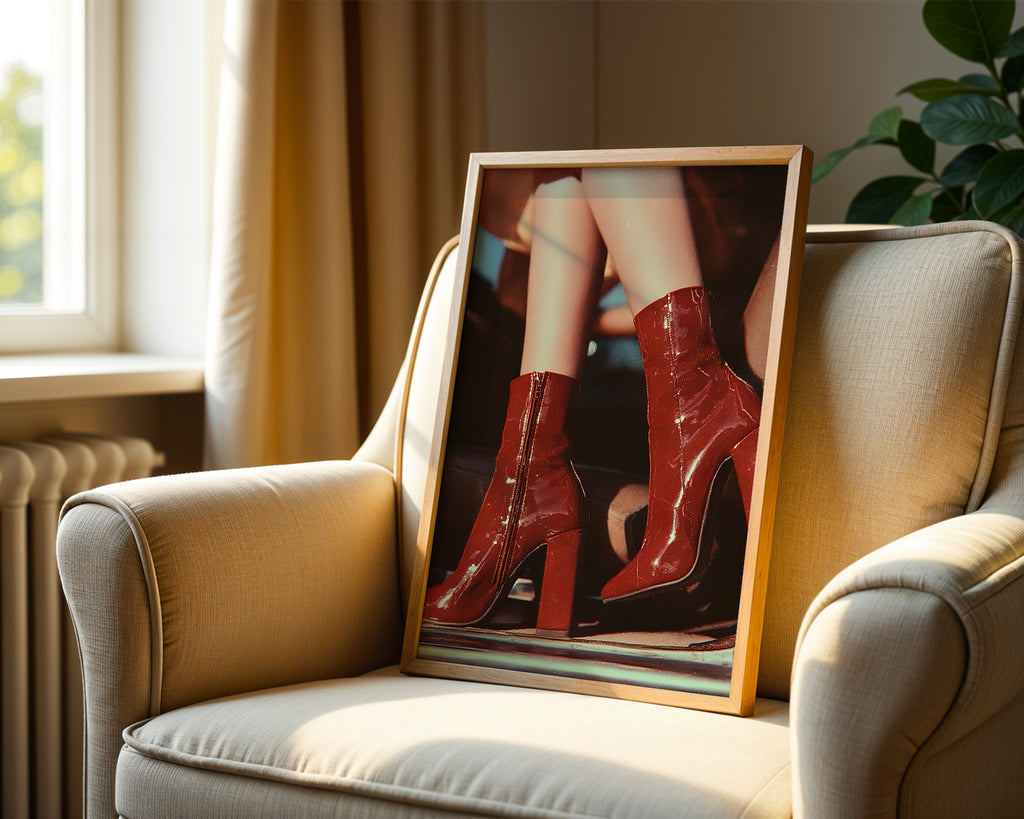Crimson Heels poster visualiserad på vägg – se rätt storlek med mockup från Bozetto