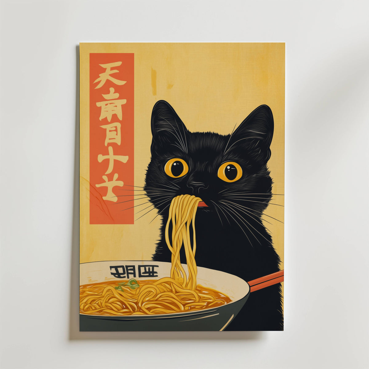 Black Cat Eats Ramen – stilfullt konsttryck från Bozetto, tryckt på matt finpapper