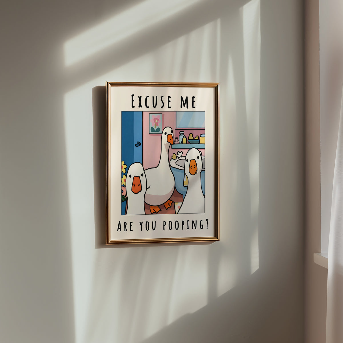 Excuse Me Bathroom Ducks poster i ljust rum utan passepartout, kant till kant motiv, Bozetto