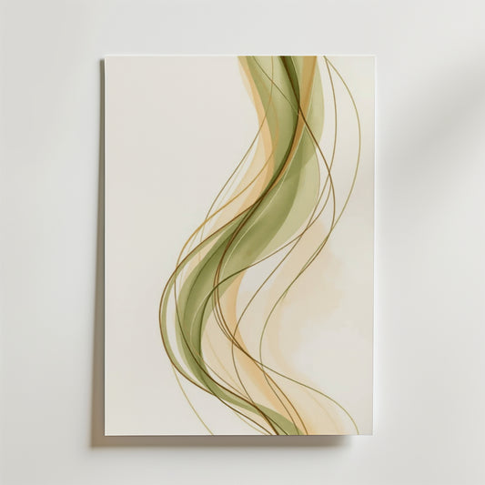 Abstract Stings Poster by Bozetto har gröna och beige vågiga linjer på en ljus bakgrund, tryckt på premiumpapper för en högkvalitativ finish som förstärker konstverkets rörelse och elegans.