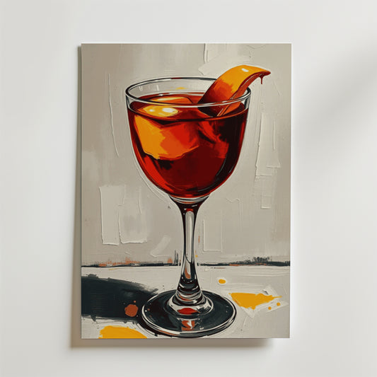 Bozetto Classic Negroni Drink Poster föreställer ett glas med stjälk och apelsinskal på en ljus, strukturerad bakgrund med stänk av orange och svart, tryckt på premiumpapper med lyxig matta yta.