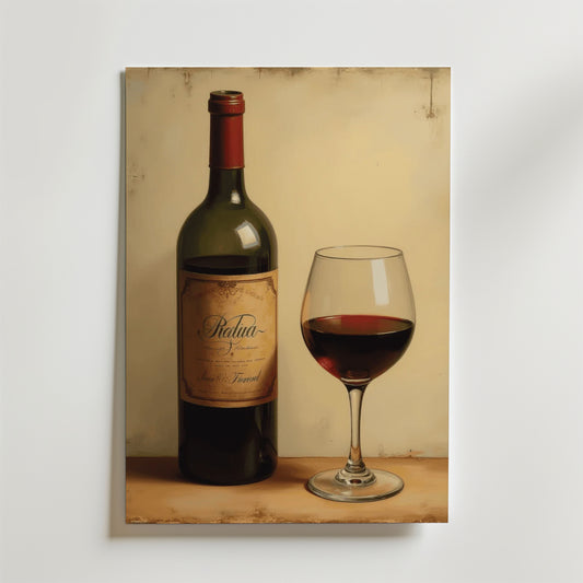 Bozetto Classic Red Wine Poster visar en vinflaska och ett glas på en ljus yta med beige bakgrund, perfekt för inredning och tryckt på högkvalitativt premiumpapper.
