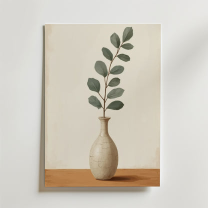 Bozetto Ceramic Crackle Vase Poster visar en minimalistisk lövgren i en enkel vas med en lyxigt matt yta, placerad på trä mot en ljus bakgrund.