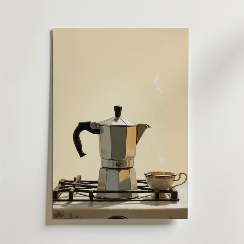 Bozetto's Old School Espresso Poster föreställer en mokakanna på en spis bredvid en ångande kaffekopp på ett fat, mot en enfärgad bakgrund - perfekt för att addera tidlös stil med sin lyxigt matta yta.