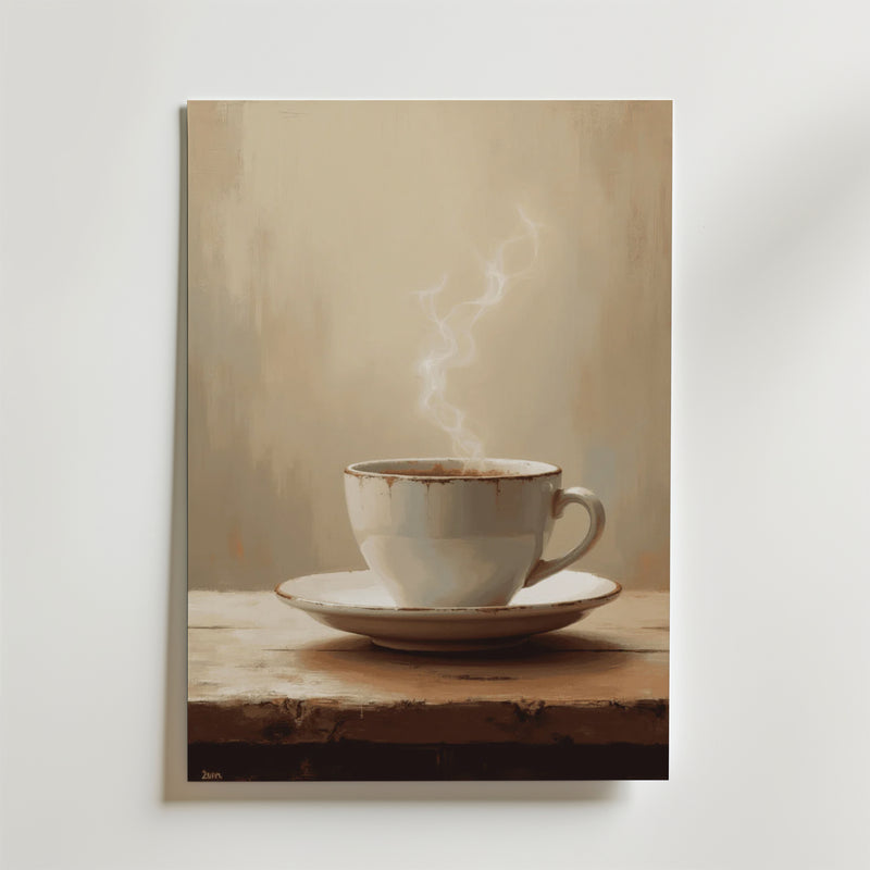 Bozetto Hot Coffee Poster föreställer en rykande kopp kaffe på ett träbord mot en mjuk beige bakgrund, tryckt på premiumpapper som ger en varm och inbjudande touch till alla rum.
