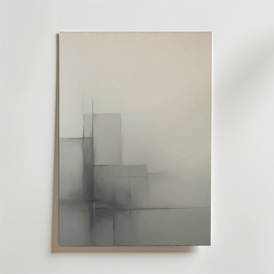 The Whispers of Structure Poster by Bozetto är ett minimalistiskt abstrakt print på premiumpapper med mjuka grå geometriska former och linjer på en neutral bakgrund med en subtil gradient och en lyxig matt yta.