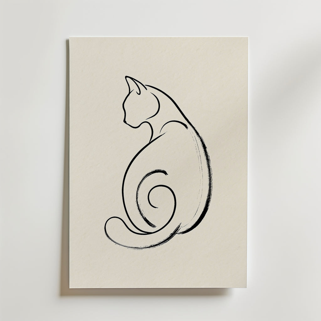 Feline Curl Poster – minimal linjekonst av sittande katt i spiral