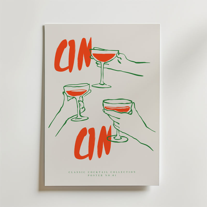 Bozetto Cin Cin Classic Cocktail Poster visar tre händer som håller röda cocktails, med "CIN CIN" i fetstil ovan och nedan för att representera samhörighet. "Classic Cocktail Collection Poster No. 01" står tryckt längst ner.
