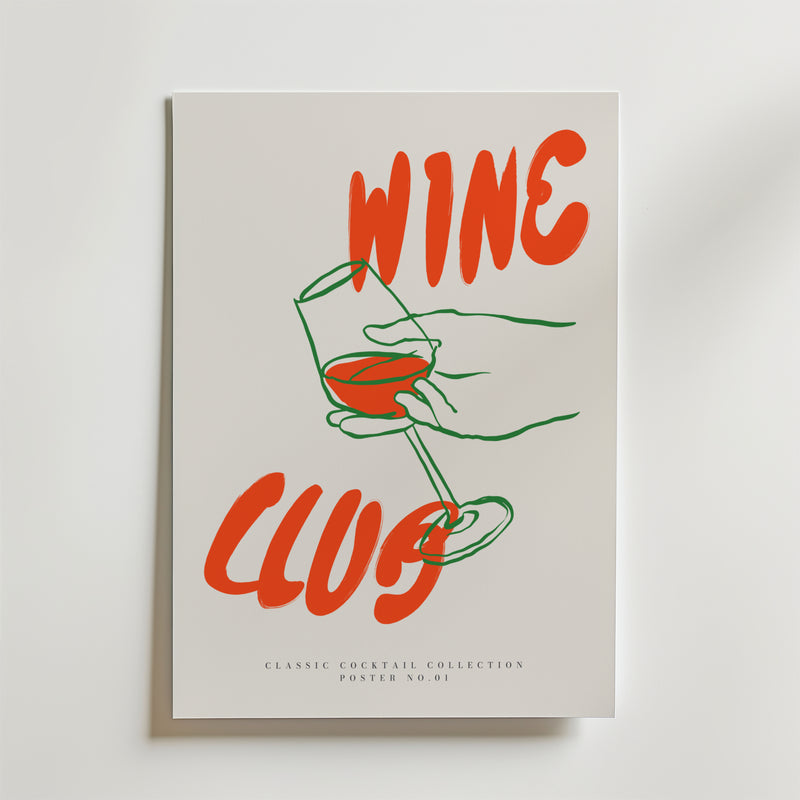 En stilren poster från Bozetto med stor röd text "WINE CLUB" och grön linjeteckning av en hand med vinglas. Längst ner står Wine and Dine Club Poster - perfekt till köket.