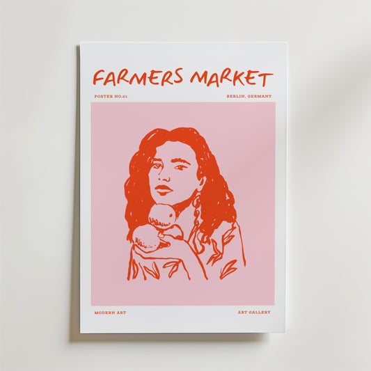 Peachy Mood Poster från Bozetto har en fet röd "Farmers Market"-text ovanpå en röd linjeteckning i pop art-stil av en kvinna med äpplen på rosa, plus "Berlin, Germany", "Modern Art" och "Art Gallery".