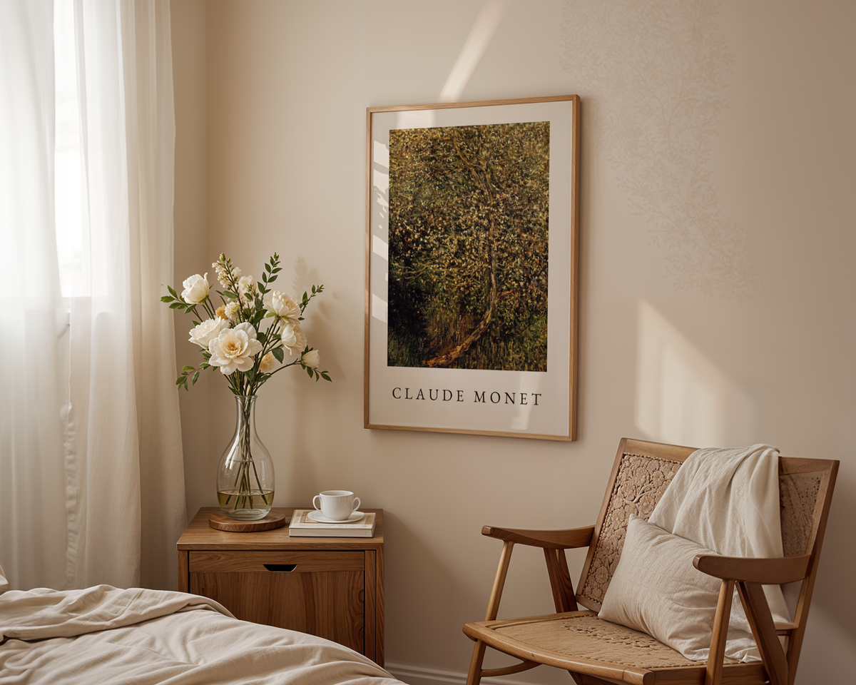 Mockup av Claude Monet Apple Tree affisch på vägg – köp enkelt hos Bozetto i hög kvalitet