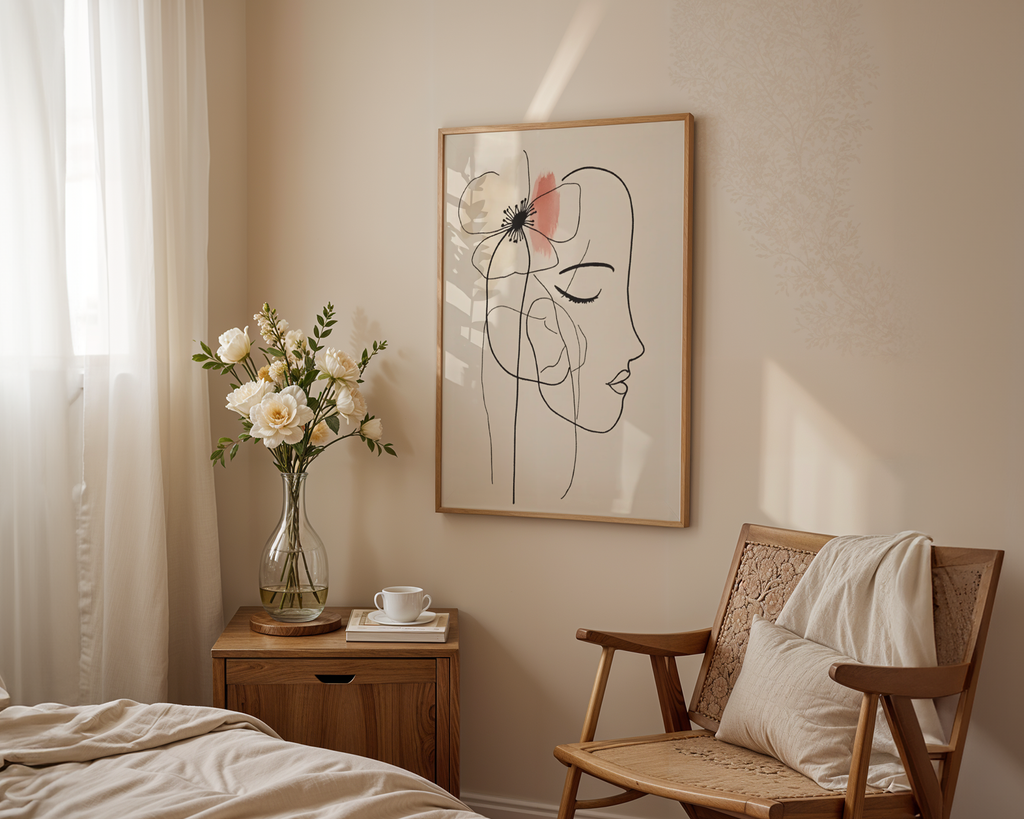 Mockup av Floral Line Art Woman affisch på vägg – köp enkelt hos Bozetto i hög kvalitet