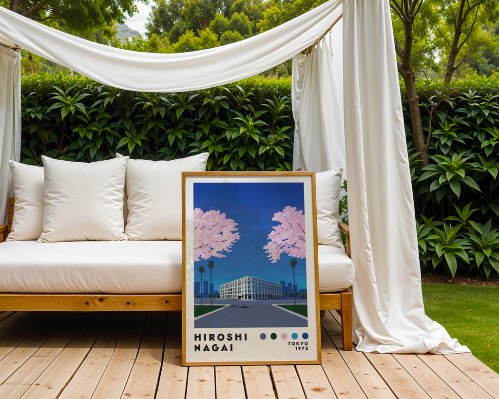 Väggmockup av Hiroshi Nagai Cherry Blossom affisch på ljus vägg – Bozetto konsttryck