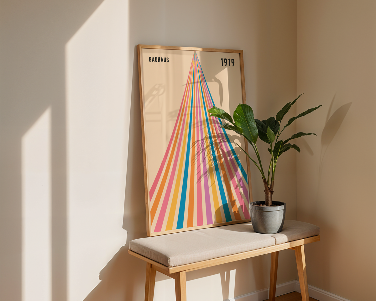 Mockup av Bauhaus Spectrum No. 1 affisch på vägg – köp enkelt hos Bozetto i hög kvalitet