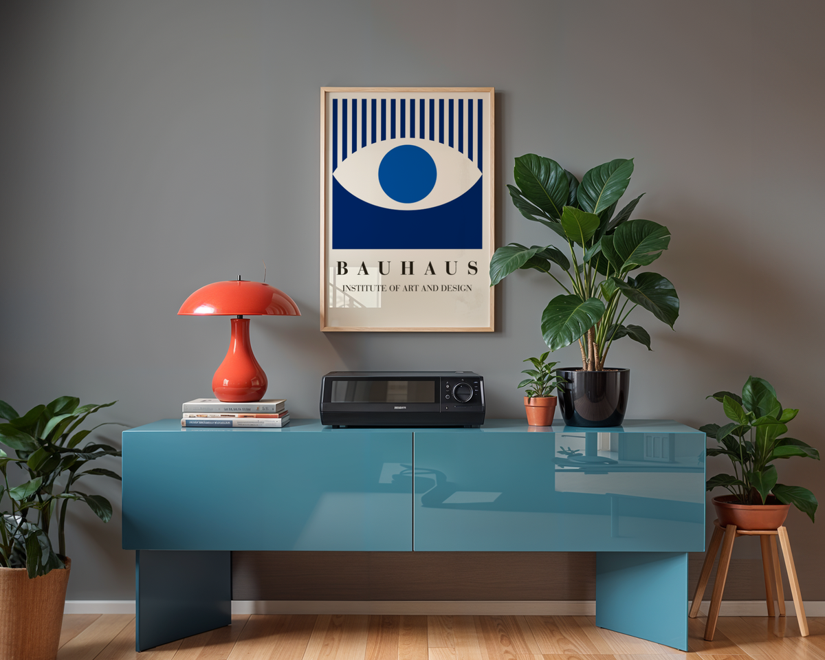 Mockup av Bauhaus Blue Eye affisch på vägg – köp enkelt hos Bozetto i hög kvalitet