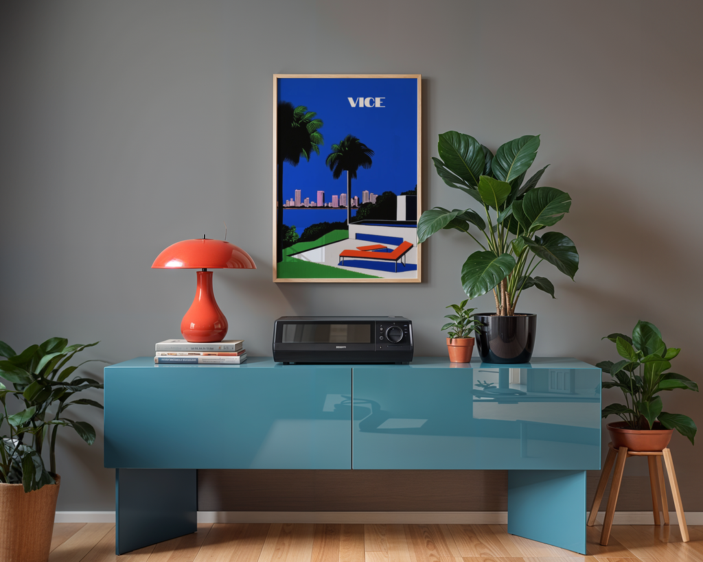 Mockup av Miami Vice Hiroshi affisch på vägg – köp enkelt hos Bozetto i hög kvalitet