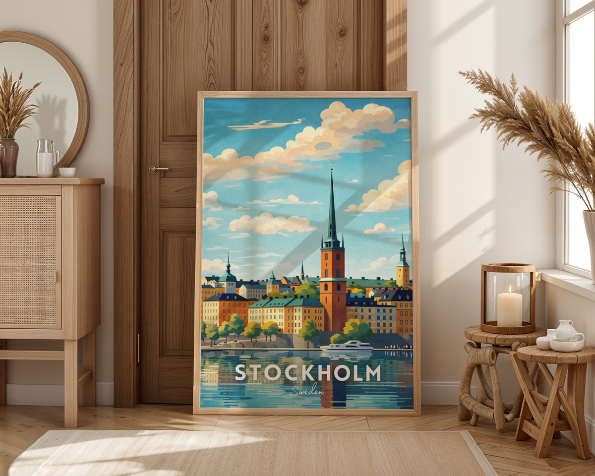 Mockup av Stockholm Reflections affisch på vägg – köp enkelt hos Bozetto i hög kvalitet