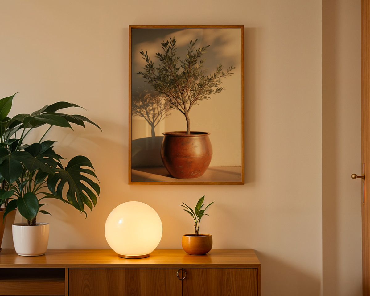 Mockup av Potted olive tree in rustic affisch på vägg – köp enkelt hos Bozetto i hög kvalitet
