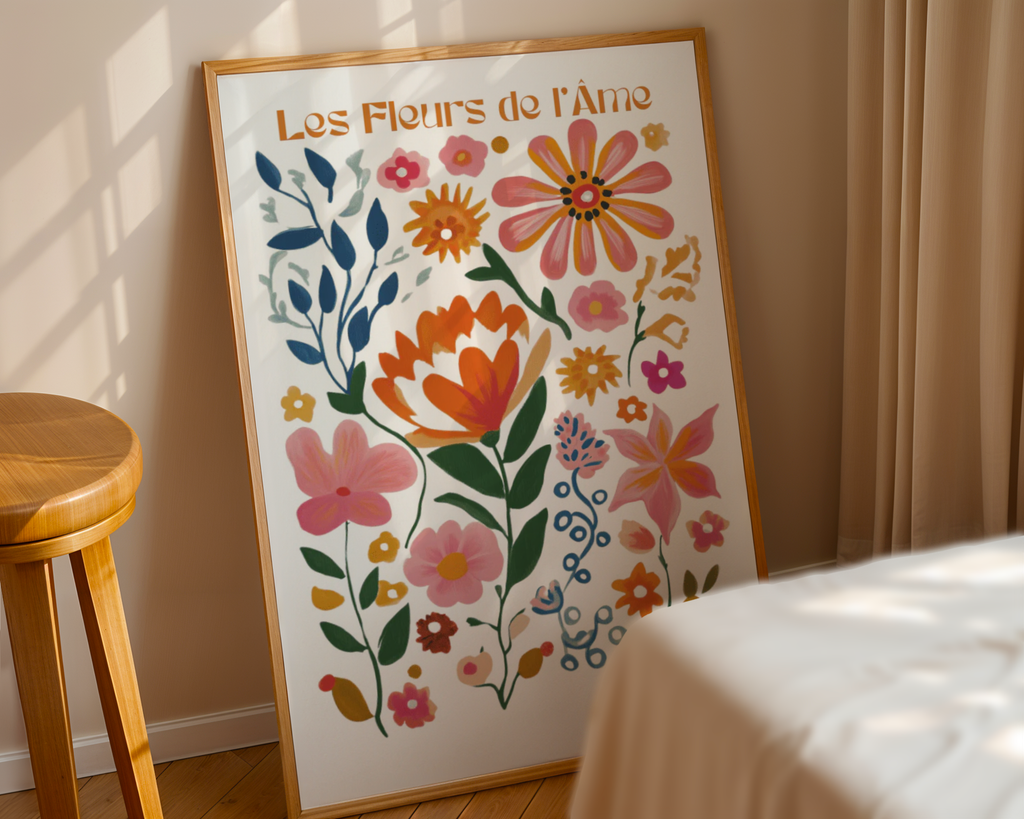 Mockup av Les Fleurs De Ráme affisch på vägg – köp enkelt hos Bozetto i hög kvalitet