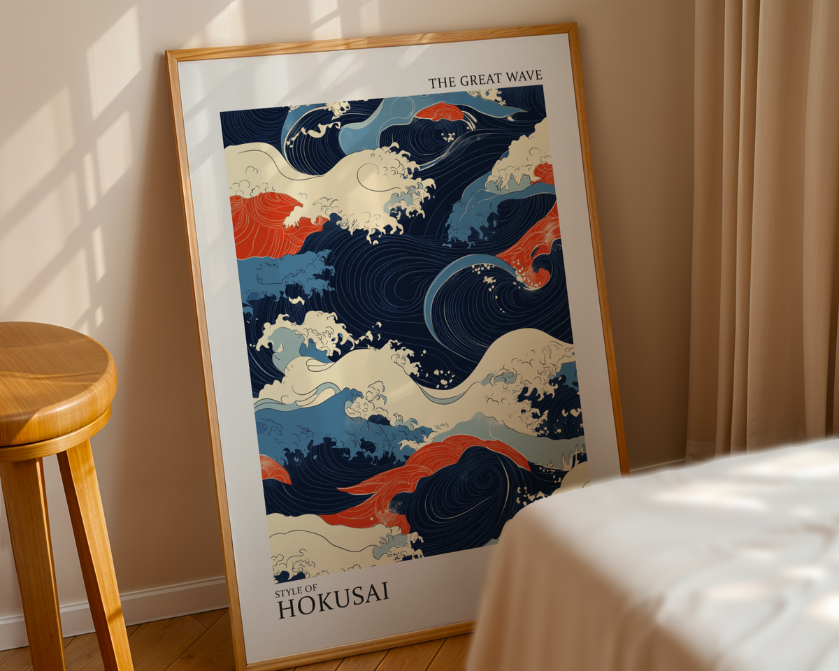 Mockup av Hokusai The Great Wave affisch på vägg – köp enkelt hos Bozetto i hög kvalitet