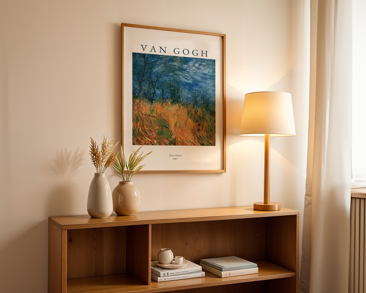 Väggmockup av Van Gogh Paris affisch på ljus tegelvägg – Bozetto konsttryck i hög tryckkvalitet
