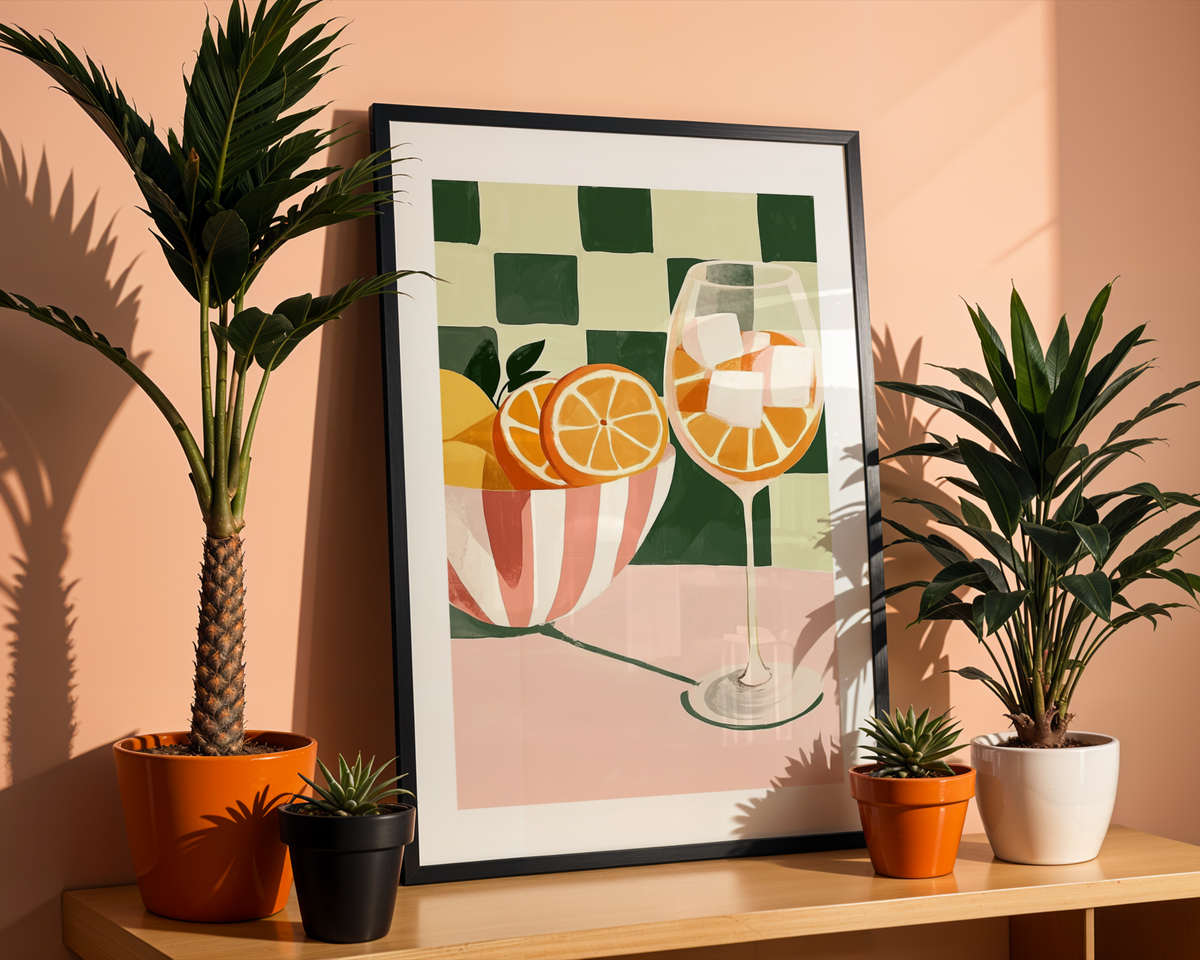 Mockup av Tropical Charm Drink affisch på vägg – köp enkelt hos Bozetto i hög kvalitet