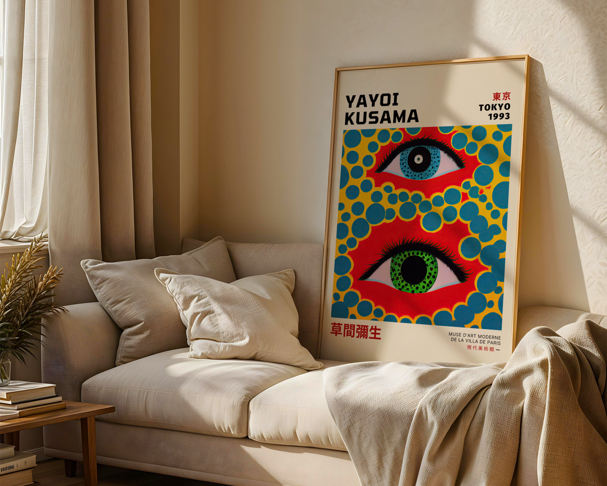 Mockup av Yayoi Kusama Eye affisch på vägg – köp enkelt hos Bozetto i hög kvalitet