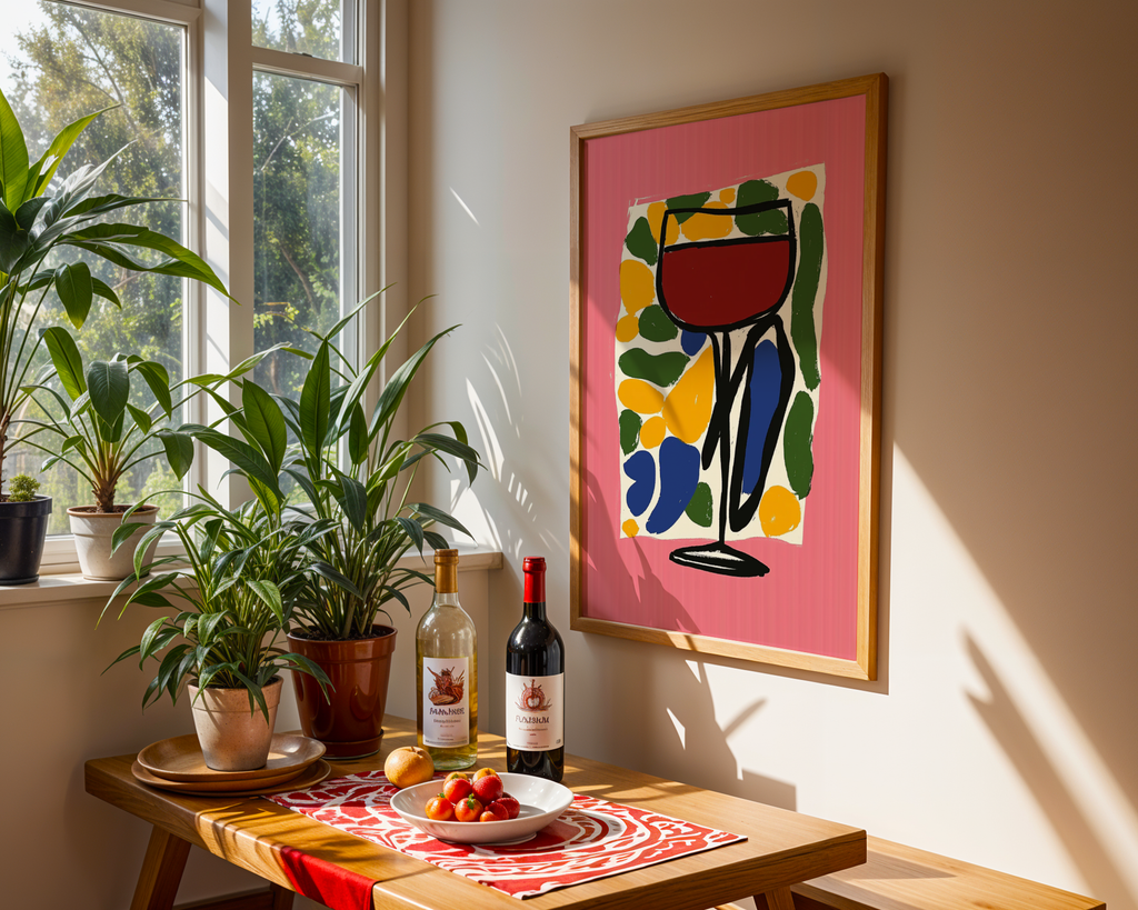 Mockup av Colorful Wine Glass affisch på vägg – köp enkelt hos Bozetto i hög kvalitet