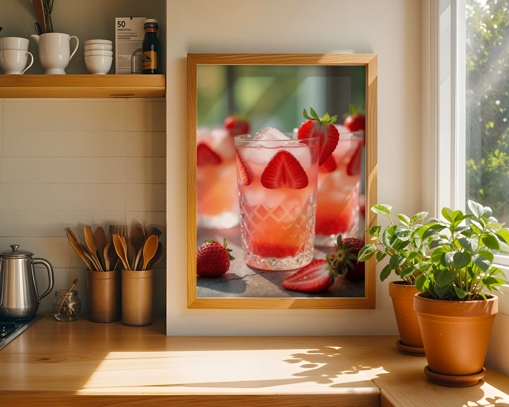 Mockup av Strawberry Drink affisch på vägg – köp enkelt hos Bozetto i hög kvalitet