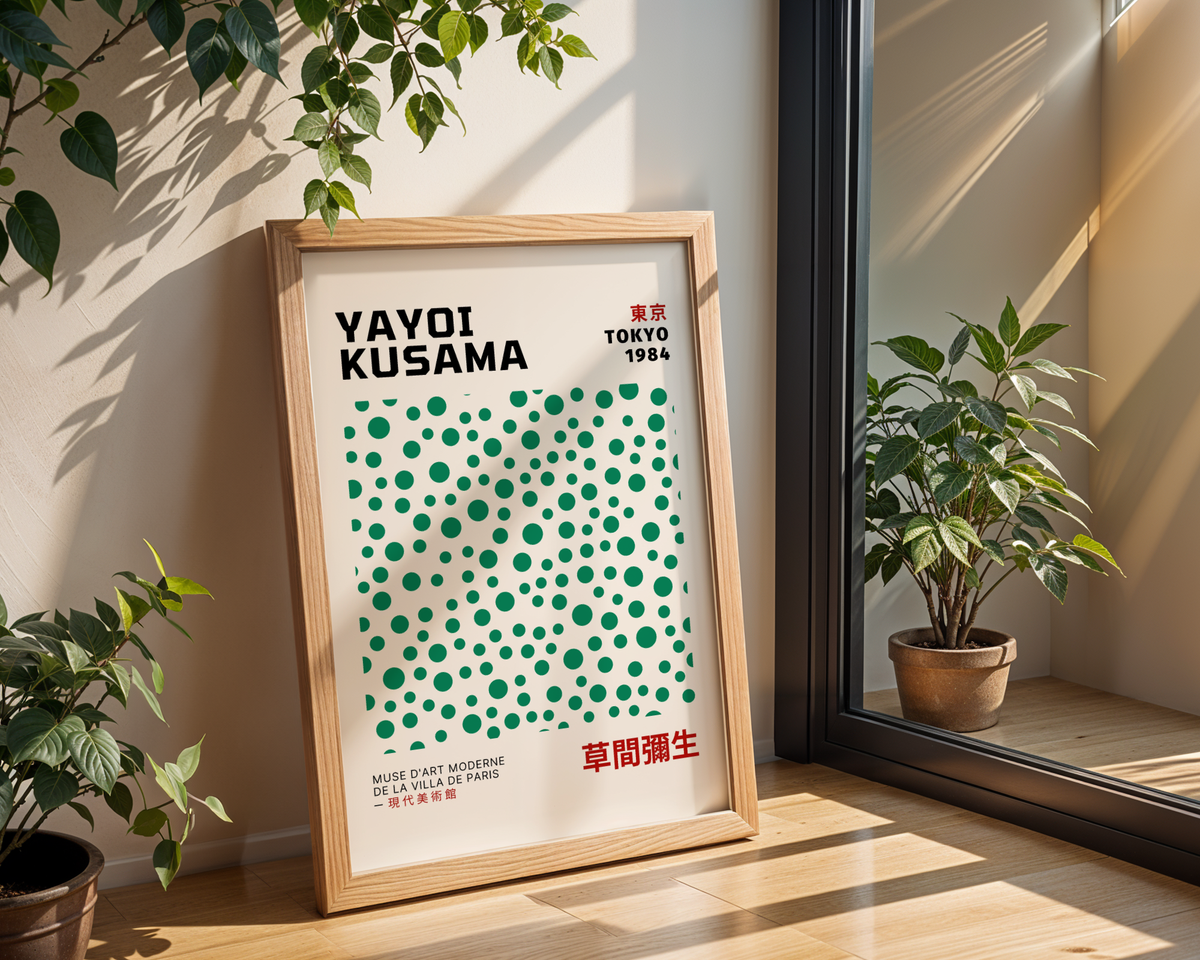 Mockup av Yayoi Kusama Belros affisch på vägg – köp enkelt hos Bozetto i hög kvalitet