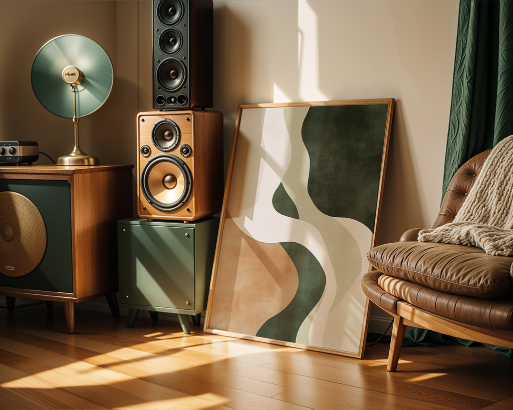 Mockup av Abstract Green Shapes No.2 affisch på vägg – köp enkelt hos Bozetto i hög kvalitet