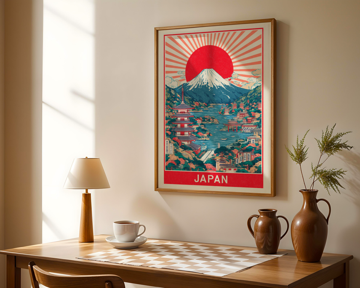 Mockup av Japanese Red Sun affisch på vägg – köp enkelt hos Bozetto i hög kvalitet