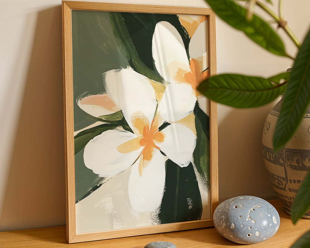 Väggmockup av White Rose Bloom affisch på ljus tegelvägg – Bozetto konsttryck i hög tryckkvalitet