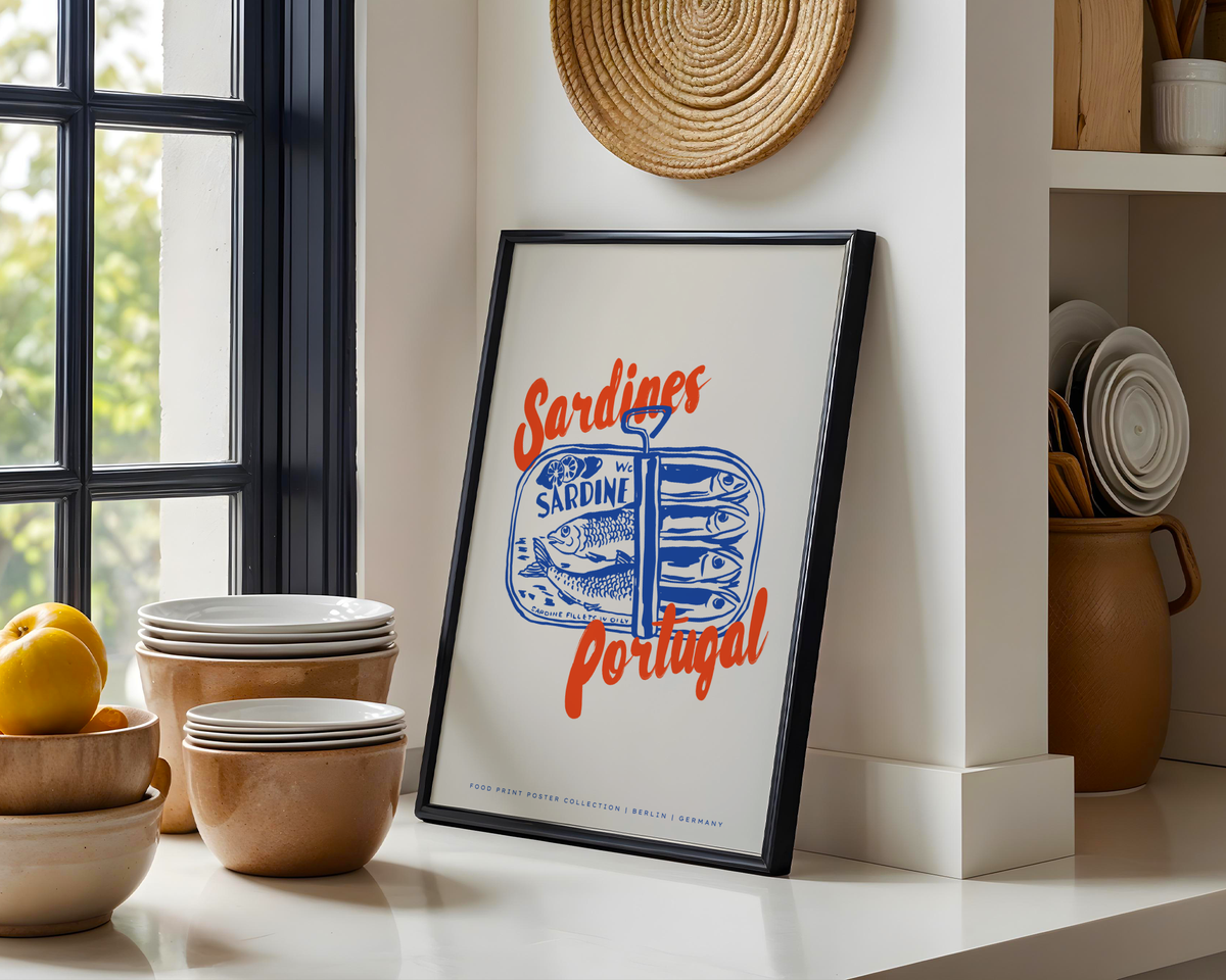 Mockup av Portuguese Sardines affisch på vägg – köp enkelt hos Bozetto i hög kvalitet
