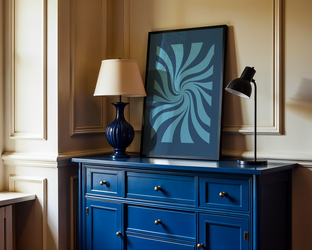 Mockup av Blue Spiral Motion affisch på vägg – köp enkelt hos Bozetto i hög kvalitet