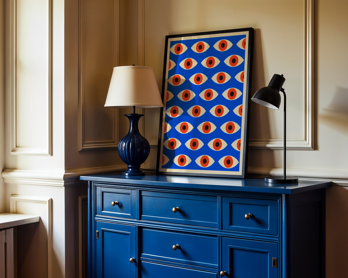 Mockup av Bauhaus Pattern Eyes affisch på vägg – köp enkelt hos Bozetto i hög kvalitet