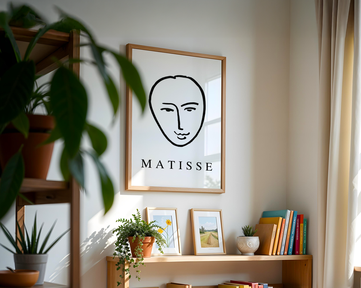 Väggmockup av Minimal Matisse affisch på ljus tegelvägg – Bozetto konsttryck i hög tryckkvalitet