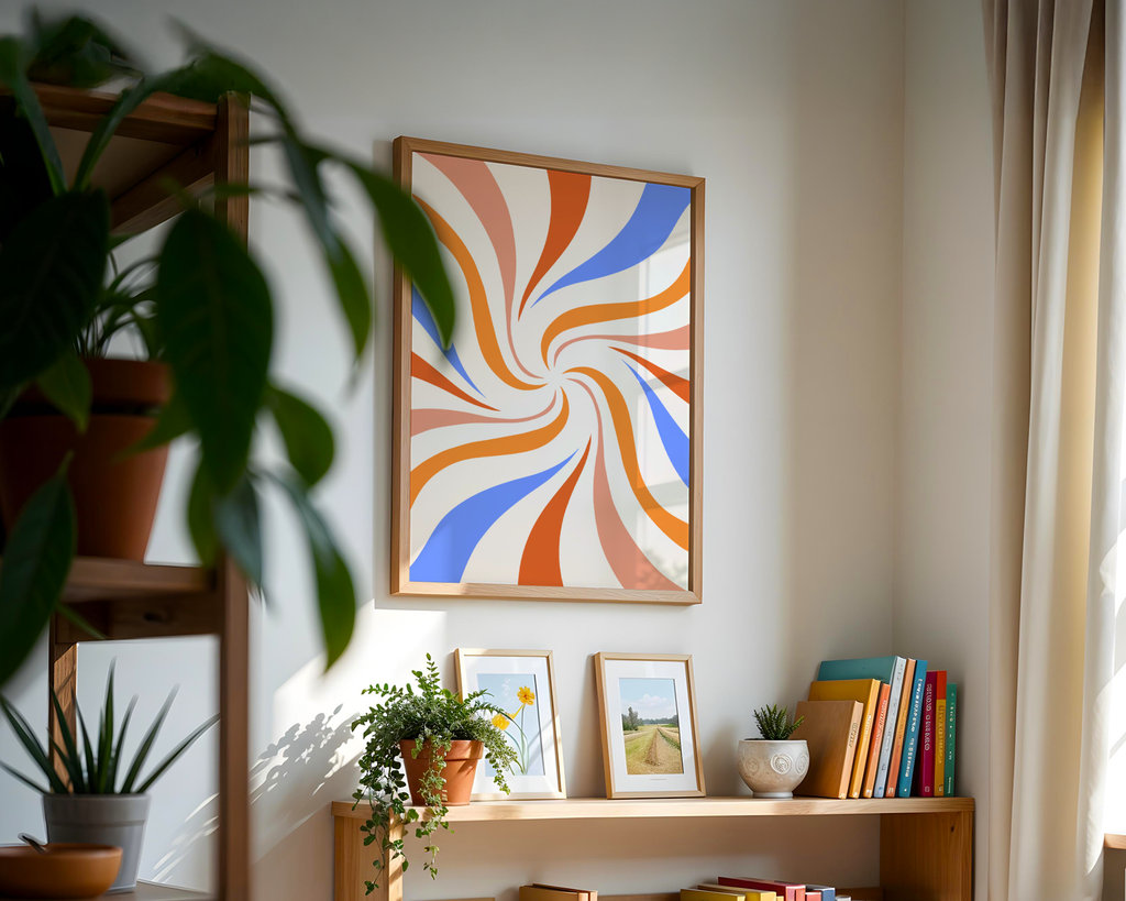 Mockup av Sunset Over Waves affisch på vägg – köp enkelt hos Bozetto i hög kvalitet