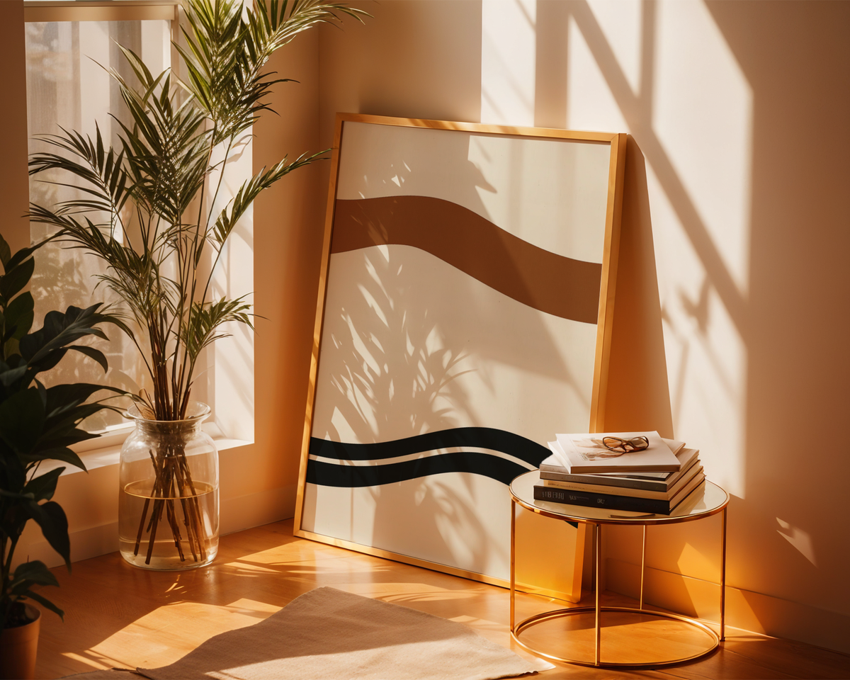Väggmockup av Boho Rhythm affisch på ljus tegelvägg – Bozetto konsttryck i hög tryckkvalitet