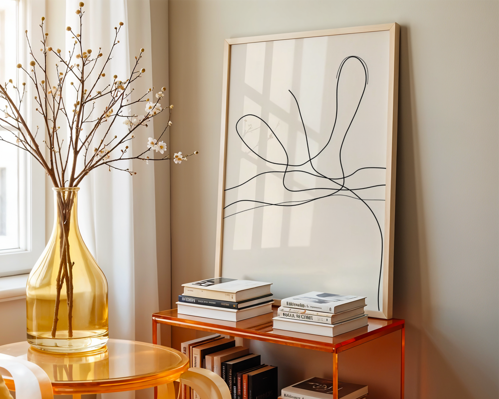 Mockup av Free Flowing Lines affisch på vägg – köp enkelt hos Bozetto i hög kvalitet