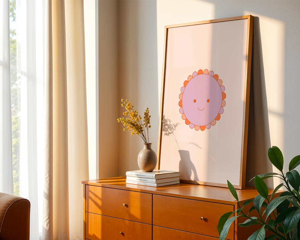 Mockup av Smiling Sunflower Face affisch på vägg – köp enkelt hos Bozetto i hög kvalitet