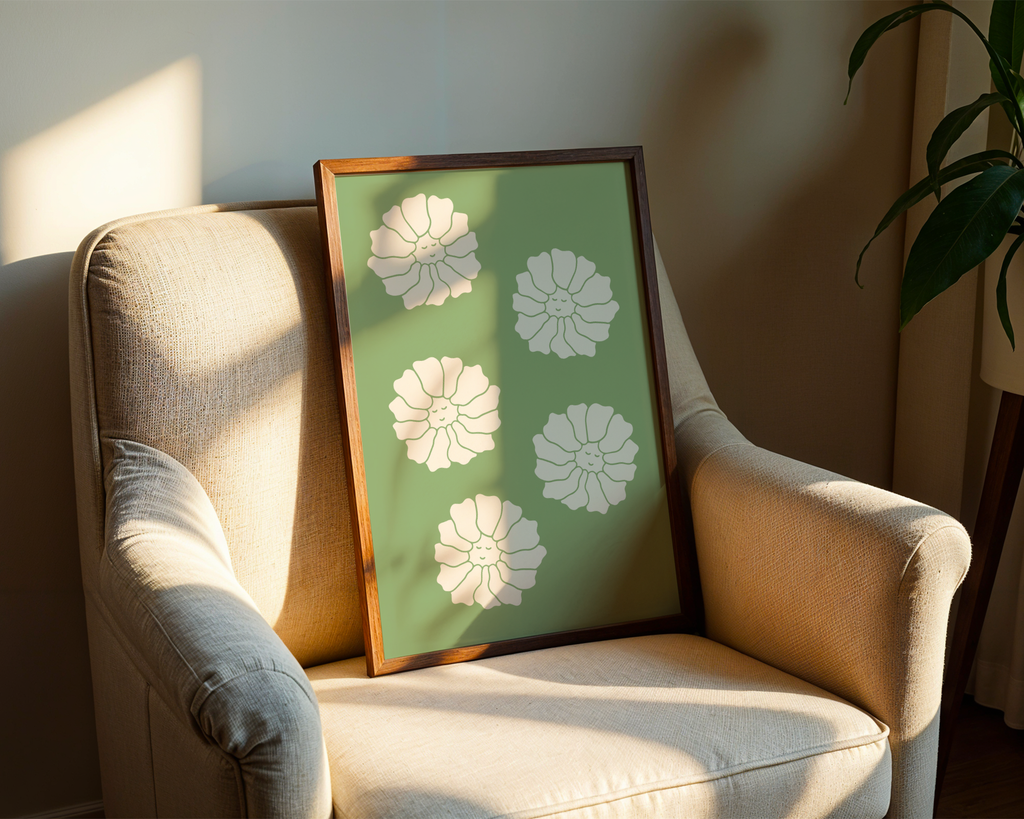 Mockup av White Blossoms on Green affisch på vägg – köp enkelt hos Bozetto i hög kvalitet