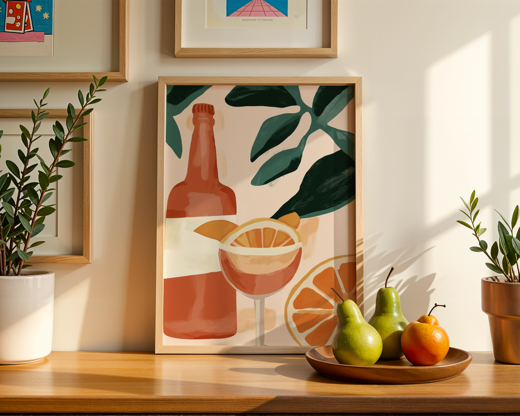 Mockup av Citrus Spritz Drink affisch på vägg – köp enkelt hos Bozetto i hög kvalitet