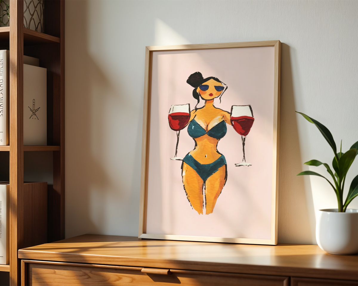 Väggmockup av Wine Babe affisch på ljus tegelvägg – Bozetto konsttryck i hög tryckkvalitet