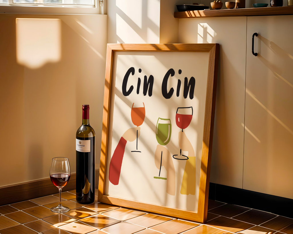 Mockup av Cin Cin Cheers affisch på vägg – köp enkelt hos Bozetto i hög kvalitet