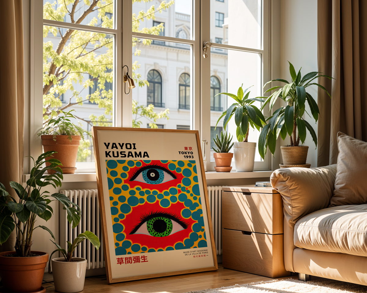 Väggmockup av Yayoi Kusama Eye affisch på ljus tegelvägg – Bozetto konsttryck i hög tryckkvalitet