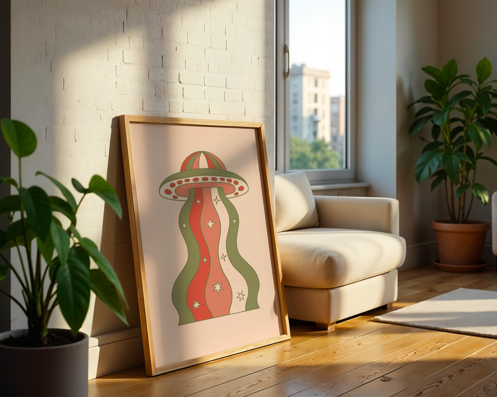 Väggmockup av Wavy Mushroom affisch på ljus tegelvägg – Bozetto konsttryck i hög tryckkvalitet